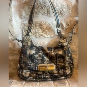 Coach Gold Black Purse 18275 Plaid Kisslock Embroidered Crossbody Handbag